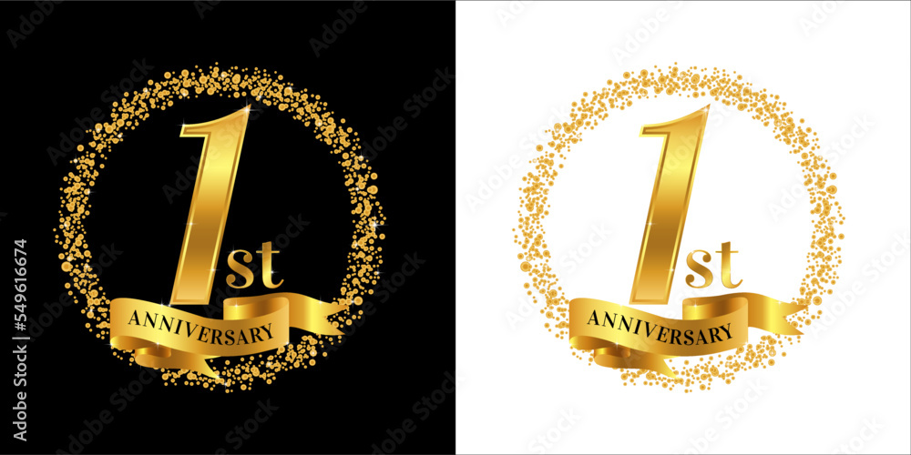 1st Anniversary logo with golden color, ribbon, and circle sparkle, elegant anniversary logo