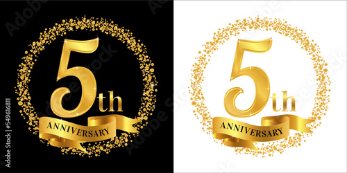 5th Anniversary logo with golden color, ribbon, and circle sparkle, elegant anniversary logo vector design for greeting card