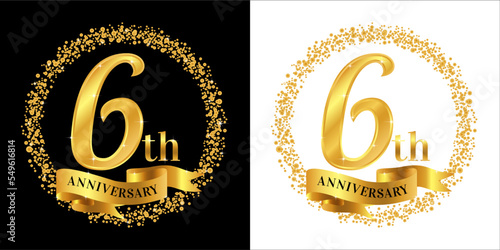6th Anniversary logo with golden color, ribbon, and circle sparkle, elegant anniversary logo vector design for greeting card