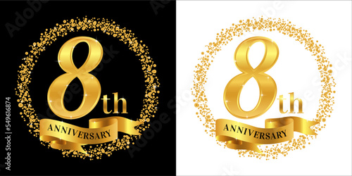 8th Anniversary logo with golden color, ribbon, and circle sparkle, elegant anniversary logo vector design for greeting card