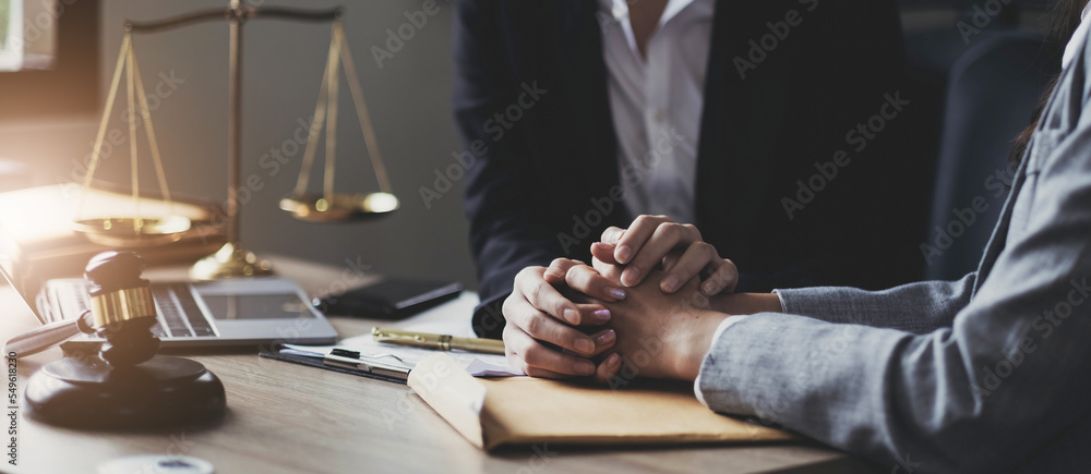 Justice and attorney concept. Lawyer meeting and consoling solution to his client provide legal advice and trust commitment strain serious for problem - obrazy, fototapety, plakaty 