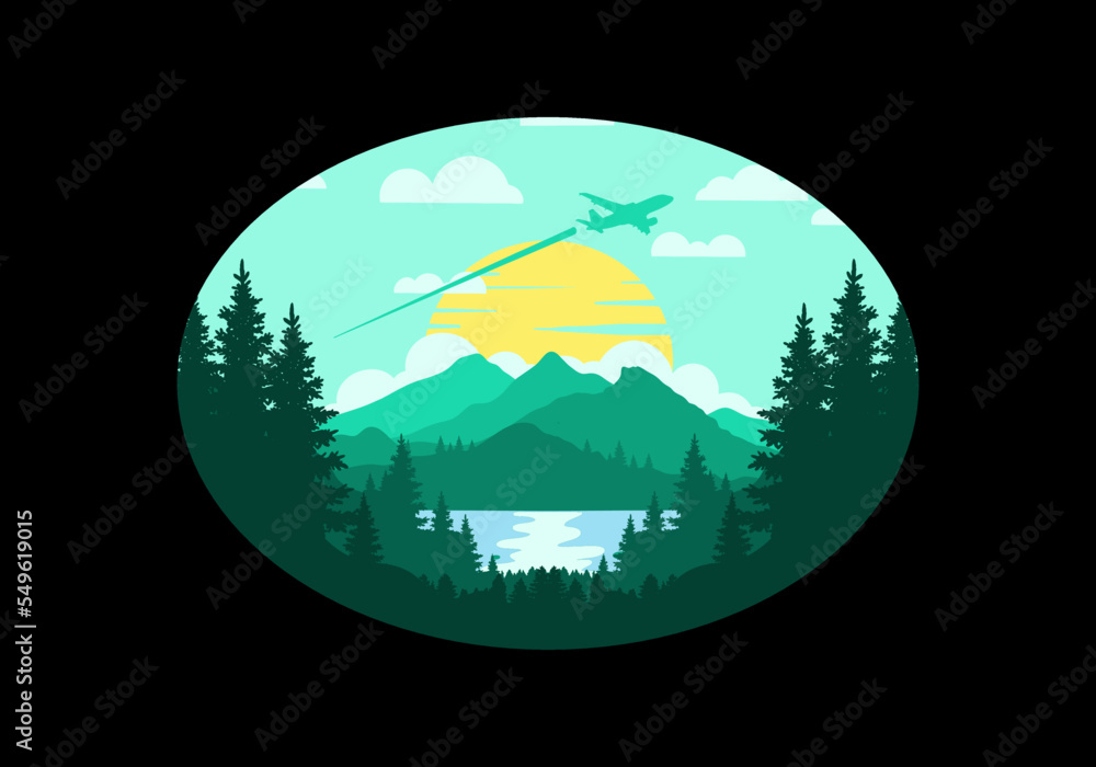 Landscape illustration of a forest, lake and plane above the clouds