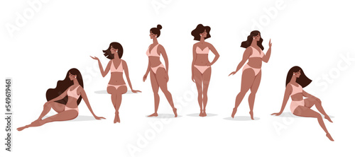 Black girls in swimsuits standing and sitting in different poses, a set of characters of a woman in underwear for a beauty salon, women s health, vacation on the beach. Vector illustration