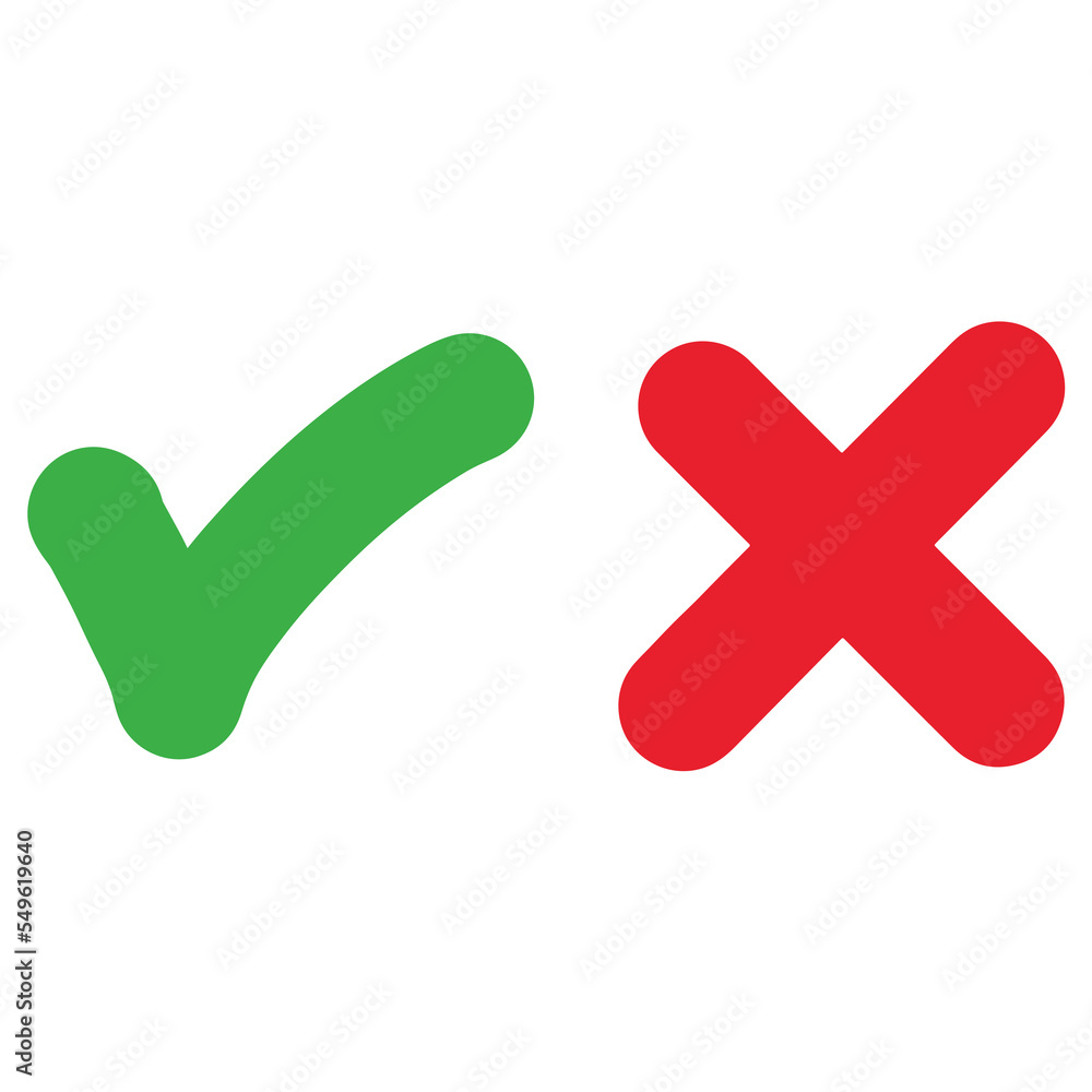 Hand drawn of Green check mark and Red cross isolated. Right and wrong icon. Vector illustration. Hand drawn of Green check mark and Red cross isolated. Right and wrong icon. Vector illustration.