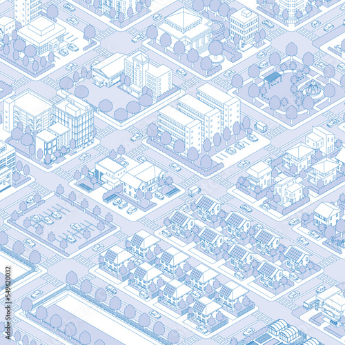 街並みの立体図. 都市の景観. 線画のイラスト.