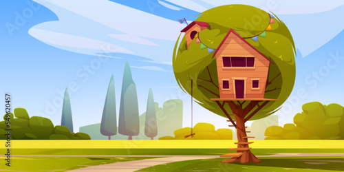 Cartoon tree house in green park under blue sunny sky. Vector illustration of cozy wooden hut with ladder and bungee hanging on rope. Playground for children to play and have fun. Summer holidays