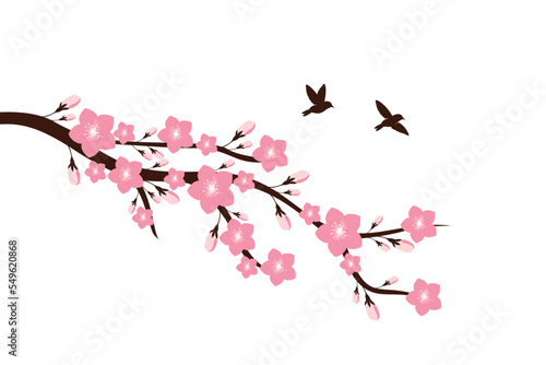 Cherry blossom branch with sakura flower Wall decoration Concept. Bird on branch wall decoration sticker design vector illustration