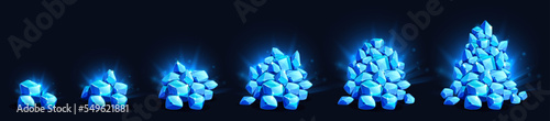 Gemstone crystals growing pile game assets. Blue glowing treasure trophy, gems heap evolution from small to large. Jewelry ui or gui graphic elements, pirate loot, Cartoon vector illustration, set