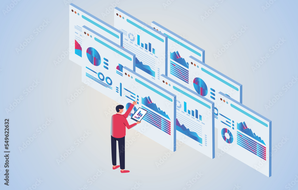 Business data analysis, research and management of business data, projects, isometric business staff analysis and monitoring of investment and financial reporting charts Business data analysis, research and management of business data, projects, isometric business staff analysis and monitoring of investment and financial reporting charts