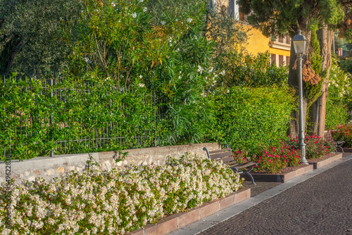 Fototapeta Naklejka Na Ścianę i Meble -  Garden with flowers in back yard at sunny springtime, Lake Garda, Italy
