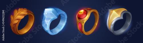 Fantasy rings, magic jewelry for witch or wizard. Game icons of wooden, silver, ice and gold rings with oak leaf and fiery eye isolated on background, vector cartoon illustration