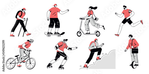 Outdoor sport activities. Young people jogging and cycling. . Active and healthy lifestyle. Vector illustration in flat design.