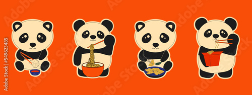 Set of Cute pandas eating dim sum doodle. Traditional Chinese dumplings. Illustration of the Kawaii Asian food vector.
