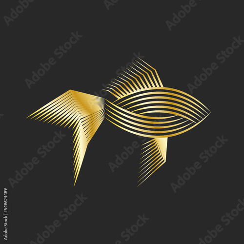 Goldfish logo concept parallel line art, gold fish abstract linear silhouette, jewelry emblem a thin lines golden gradient.