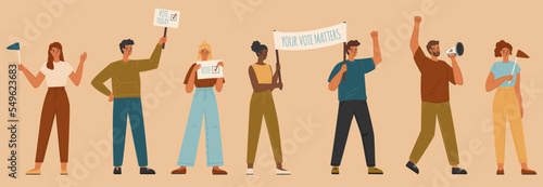 Your vote matters social campaign concept vector banner. Crowd of man and woman holding posters and signs. People activists, political election campaign, public demonstration