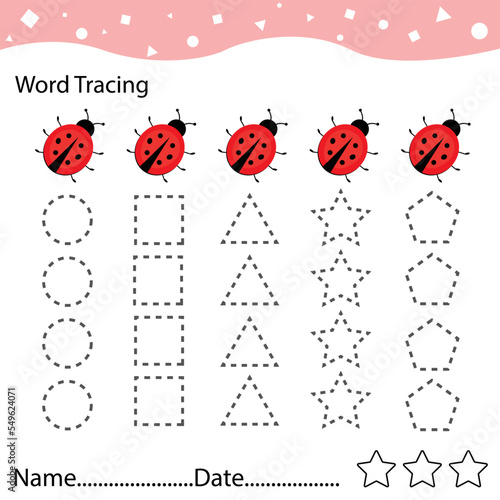 training childrens motor skill hand, writing skill. Connect dotted lines by pencil to track way that ladybug follows to flower. Game for children. Learn and play on white background.