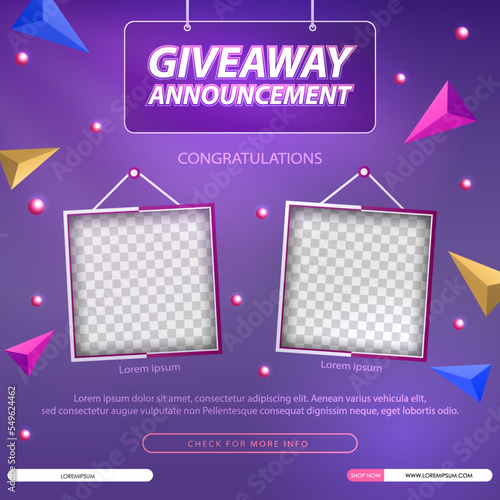 Giveaway winner announcement social media post template. Vector illustration
