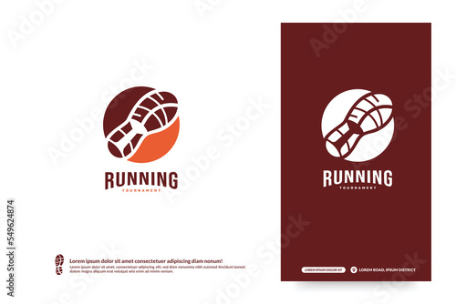 Running club logo with shoe print design template, Marathon tournament logptype, Sport team identity. Fitness, athlete training for life symbol, Creative lettering logo design