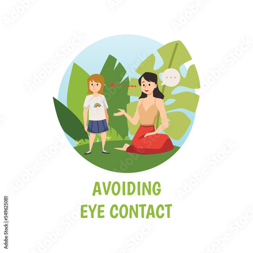 Avoiding eye contact autism weird behavior in child, flat vector isolated.