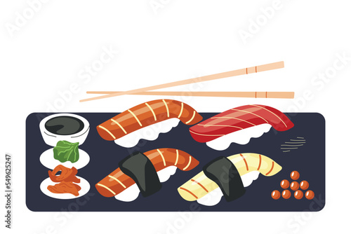 Sushi Set from Japan on a white background. Asian food. Vector illustration for restaurants, menus, decor