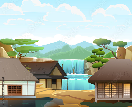 Traditional Japanese house. Against backdrop of waterfall. Small village. Rural dwelling with thatched roof. illustration vector.