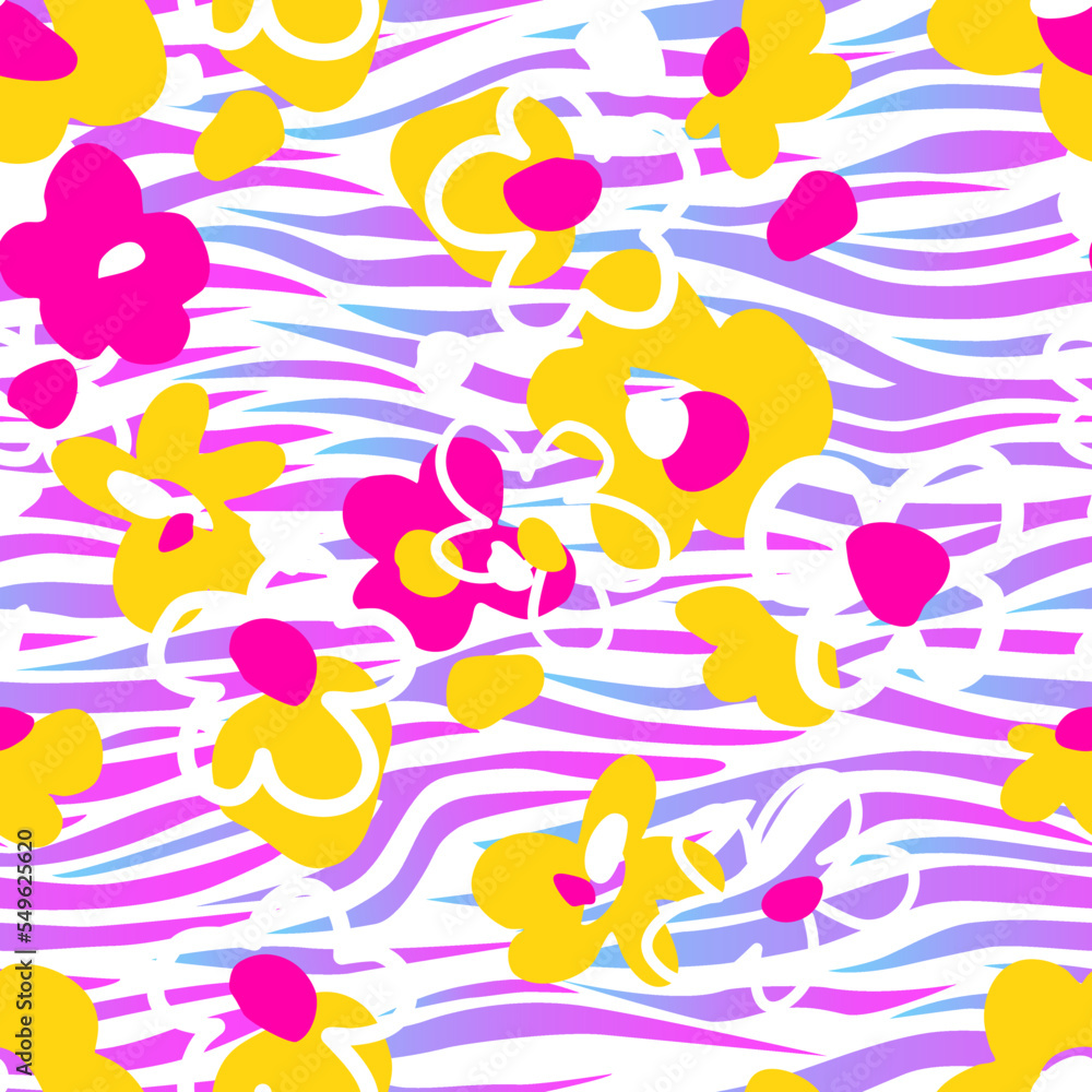 Naklejka premium Abstract flowers on a zebra stripes background. Vector seamless pattern for printing on fabric and paper. 