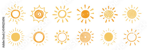 Doodle sun sketch illustration. Hand drawn cute yellow, orange sun set. Scribble doodle children drawn style. Vector illustration