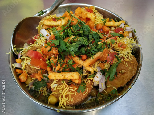 Masala chaat sev puri dish, a popular street food of India