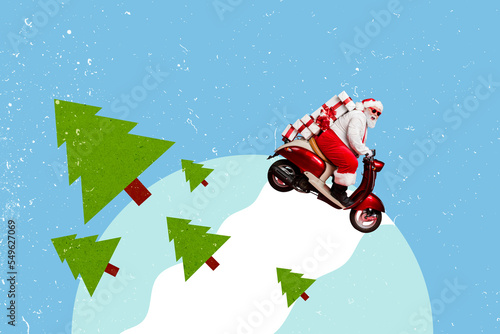 Photo collage artwork minimal picture of cool santa claus moped rider delivering x-mas presents isolated drawing background