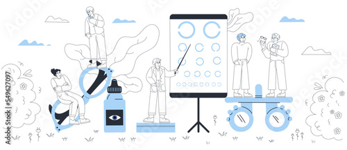Ophthalmology doodle concept with optometrist doctors check up patient sight. Optical eyes test, spectacles technology. Background with oculist examine person eyesight vision, Linear Vector medicine