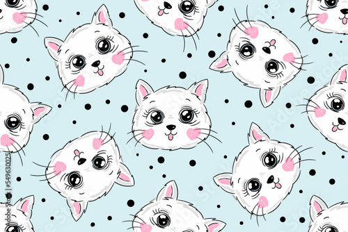 Abstract seamless childish pattern. Girlish repeated backdrop on blue background with cats white kittens. Cute funny kitty style Cartoon wallpaper for girls, textile, wrapping paper.