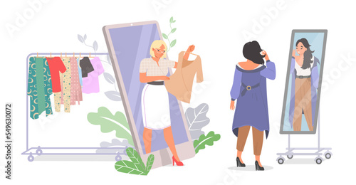 Fashion online stylist consults client flat vector