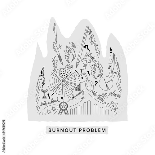 Burnout concept set with icons office at fire background.