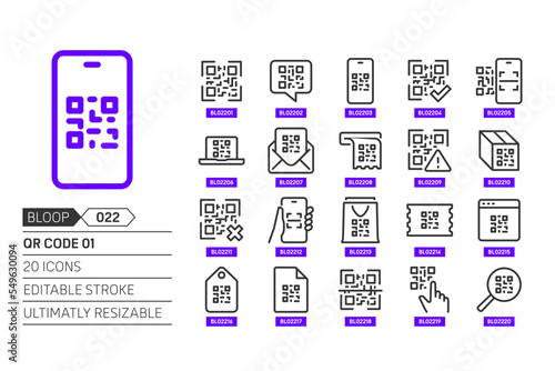 QR code related, pixel perfect, editable stroke, up scalable, line, vector bloop icon set.