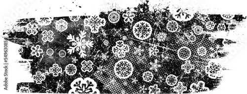Grunge banner with snowflakes. Useful for social media, banners, Christmas cards, brochures, templates. Overlay texture made with snow flakes and halftone dots. Vector