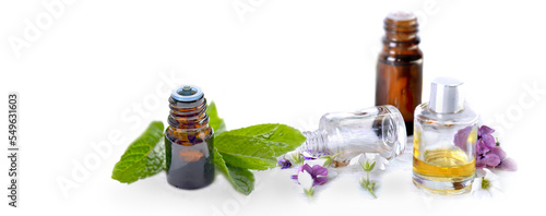 bottles of essential oil and  on white panoramic background