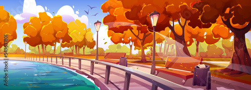 Autumn quay in city park landscape perspective view with fenced river bay, wooden benches, orange and yellow trees, bins and street lamps. Embankment walkway background, Cartoon vector illustration