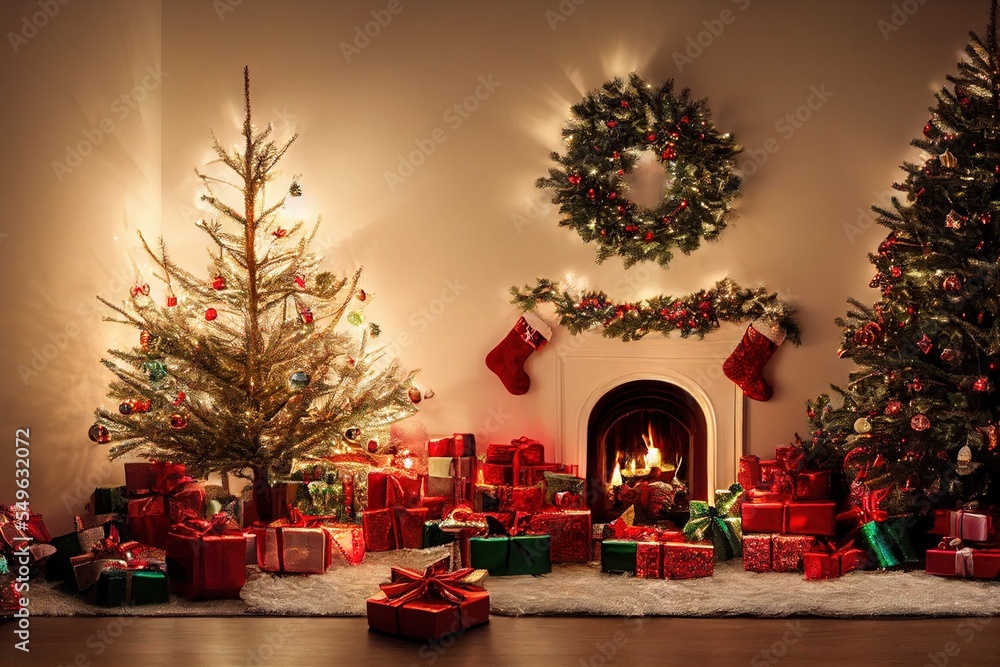 Christmas Tree Ornaments Lights Stocking Mantle Presents Home Holiday Fireplace Hearth Background Image Christmas Tree Ornaments Lights Stocking Mantle Presents Home Holiday Fireplace Hearth Background Image