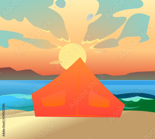 Orange tourist tent. On shore of sand beach of sea bay. Sunset on horizon. Broken camp. Recreation in the wild. Cartoon fun style. Flat design. Vector