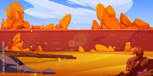 Autumn landscape of house backyard with brick wall fence, orange trees and bushes, fallen trunk, grass lawn. Fall cottage garden patio area, home back yard cartoon background, Vector illustration