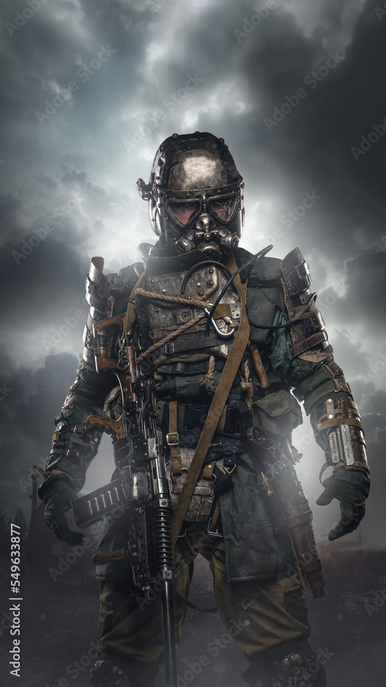Portrait of military survivor in post apocalypse dressed in armored costume. Portrait of military survivor in post apocalypse dressed in armored costume.