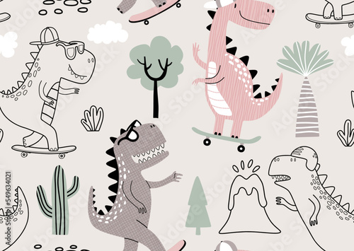 Seamless pattern with cute dinosaurs on skateboard.