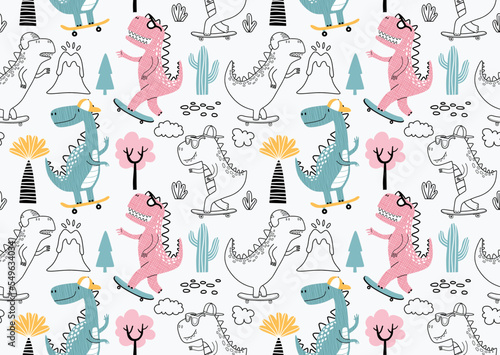 Seamless pattern with cute dinosaurs on skateboard.