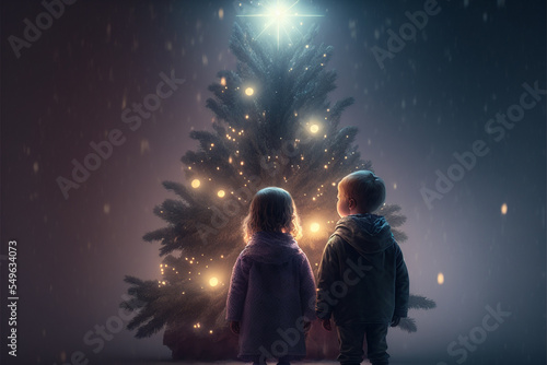 Kids standing near to a Christmas tree  looking up at the Christmas star