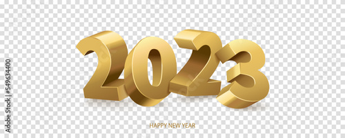 Happy new year 2023. Golden shiny 3D numbers, isolated on transparent background. Vector illustration.