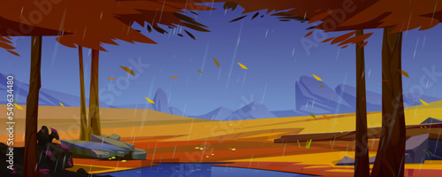 Rain in autumn forest, wild nature landscape. Cartoon fall wood background with puddle, ricks, yellow grass under orange trees with falling leaves and water shower falling from sky Vector illustration