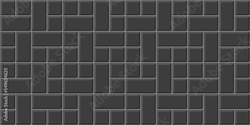 Black pinwheel tile seamless pattern. Kitchen backsplash layout. Shower, toilet or bathroom floor texture. Stone or ceramic brick wall background. Pavement mosaic surface. Vector flat illustration