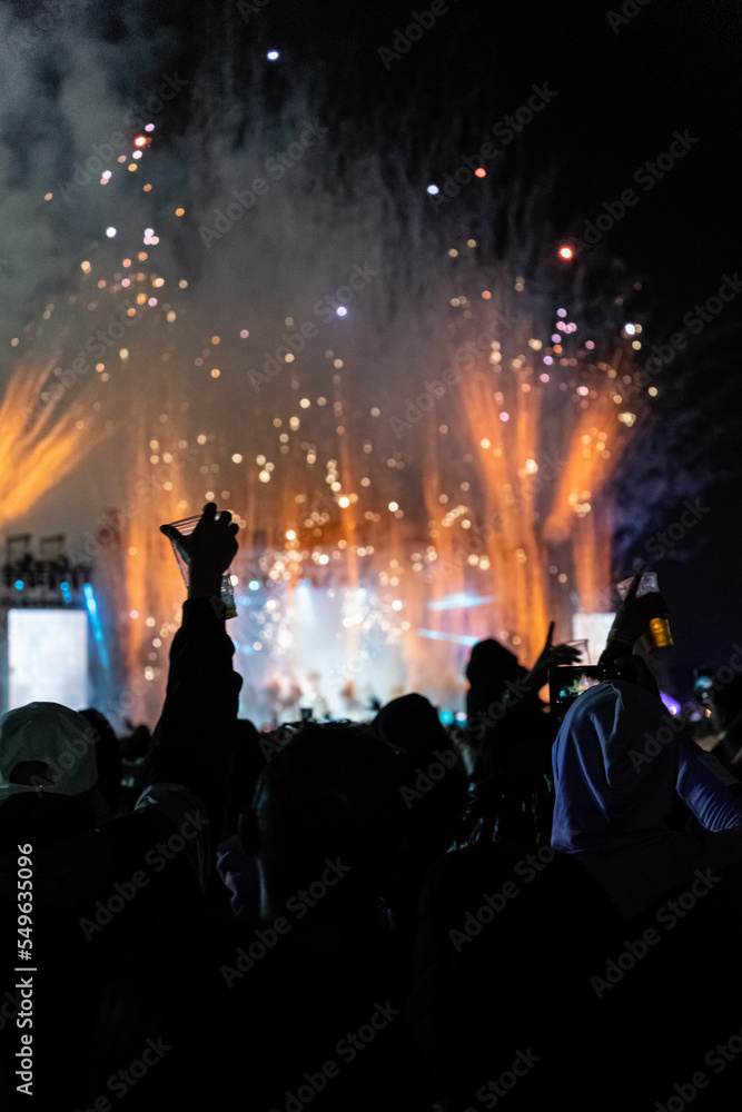 silhouette of people enjoying an outdoor concert at night with fireworks.