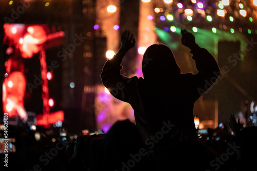 Silhouette of a person enjoying an evening concert outdoors.