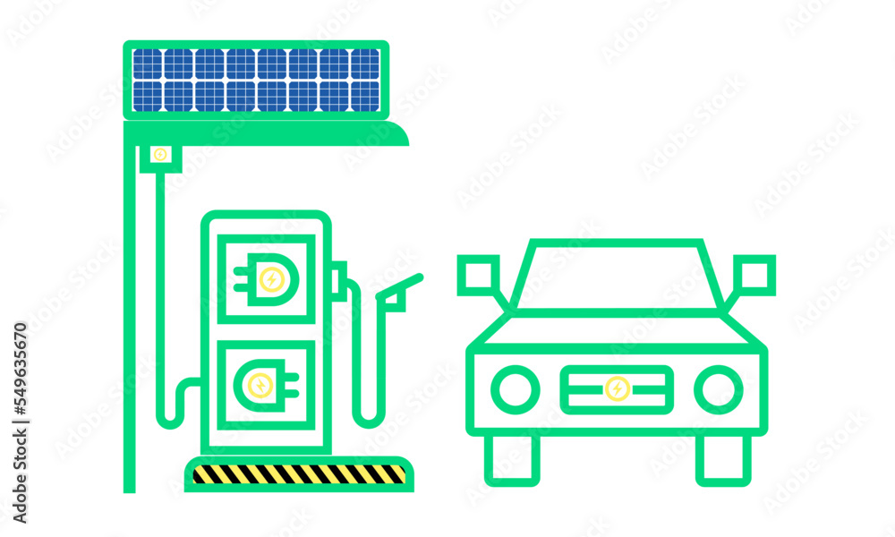 Electric car in the charging station an solar cell. Electric car in the charging station an solar cell.